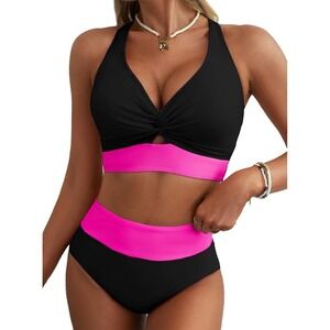 Herseas Womens 2 Piece Bikini Set Twist Front High Waisted Black Pink Medium